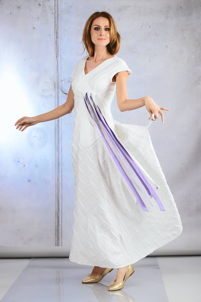 Weißes Haute Couture Leinen Einzigartiges Kleid ~ Zeremonie Brautjungfer Mit Ärmeln Cocktailkleid Für Frauen von AisteAnaite