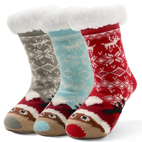 3 Paare Kinder Wintersocken Jungen Hüttensocken Mädchen bodensocken Kinder antirutschsocken Jungen Warme Kuschelsocken Kinder 23-26/3-5 Jahre von Aisyee