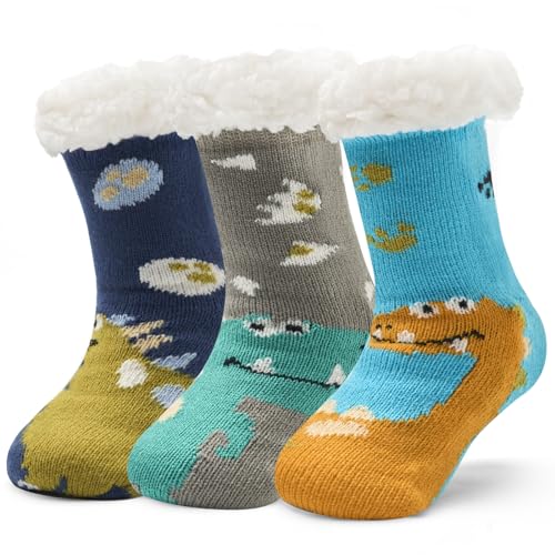 3 Paare Kindersocken Jungen Wintersocken Kinder Hüttensocken Dicke Kinder bodensocken Jungen Dino antirutschsocken Jungen Stoppersocken Warme Kuschelsocken 27-30/4-7 Jahre von Aisyee