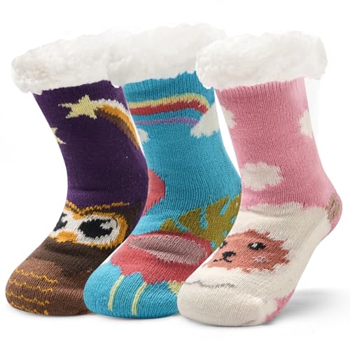 3 Paare Kindersocken Mädchen Kuschelsocken Kinder Hüttensocken Dicke bodensocken Kinder Warme antirutschsocken Mädchen Stoppersocken Wintersocken 29-31/8-10 Jahre von Aisyee