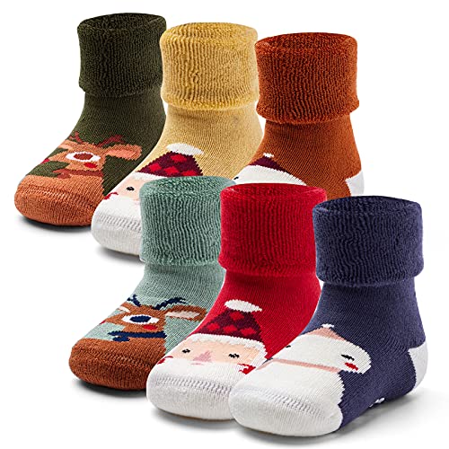 Aisyee 6 Paare Baby Dicke Warme Wintersocken Baby Jungen Mädchen Weihnachtssocken abs Socken Baby Antirutsch Socken 0-12 Monate von Aisyee