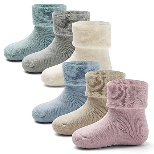 Aisyee 6 Paare Baby Stoppersocken Warme Wintersocken Baby abs socken Einfarbig Socken Dicke Baby Antirutsch Socken 0-6 6-12 Monate von Aisyee