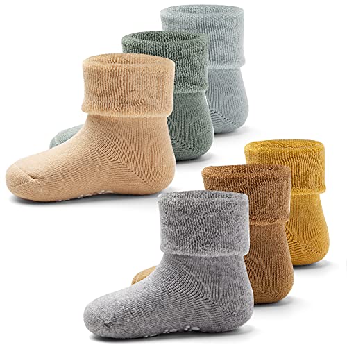 Aisyee 6 Paare Babysocken Warme Baby Jungen Dicke Wintersocken abs socken Einfarbig Socken Baby Antirutsch Socken 0-6 12 Monate von Aisyee