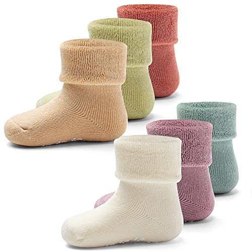 Aisyee 6 Paare Babysocken Warme Baby Mädchen Dicke Wintersocken abs socken Einfarbig Socken Baby Antirutsch Socken 0-6 12 Monate von Aisyee