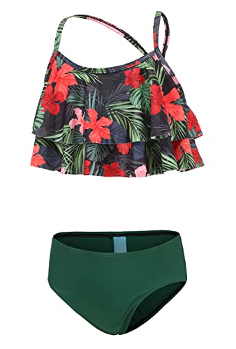 Aisyee Bikini Mädchen Badeanzug Kinder Zweiteiliger Bademode Hawaiian Rüschen Floral Bikini Teenager Mädchen 158 164/15-16 Jahre von Aisyee