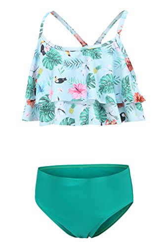 Aisyee Mädchen Badeanzug Kinder 2 teilig Bademode Hawaiian Rüschen Floral Schwimmanzug Mädchen Bikini 146 152/11-12 Jahre von Aisyee