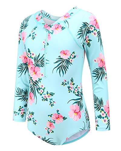 Aisyee Mädchen Langarm Badeanzug Kinder Einteiler Strand Rash Guard Bademode Mädchen Badeanzug 5-16 Jahre, Hellgrün, 4-5 Jahre von Aisyee