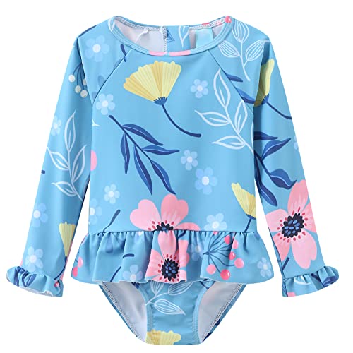 Badeanzug Mädchen Langarm Kinder Einteiliger Floral Rüschen Schwimmanzug Mädchen Bademode 98 104/3-4 Jahre 5T von Aisyee