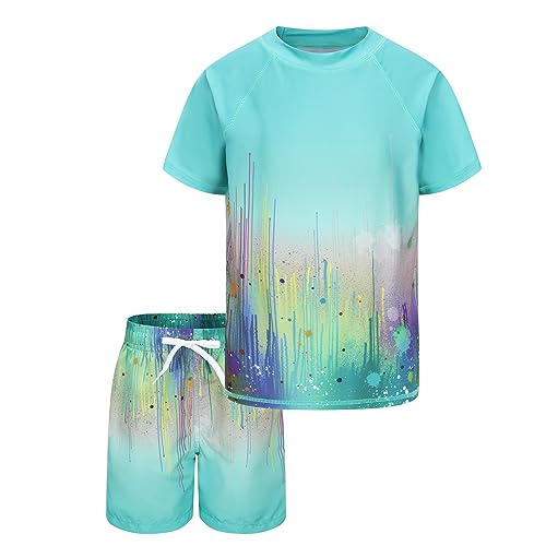 Badeset Jungen Schwimmshirt Jungen 2-teiliges Kurzarm Badeshirt Mit Kinder Boardshorts Jungen UV Shutz Badeanzug Jungen 134 140/9-10 Jahre von Aisyee