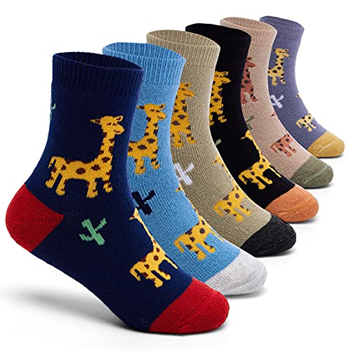 6 Paare Jungen Wintersocken Dicke Warme Socken Cartoon Giraffe Baumwollsocken Thermosocken für Kinder 31-34 Sockenlänge 20-22 CM/10-13 Jahre von Aisyee