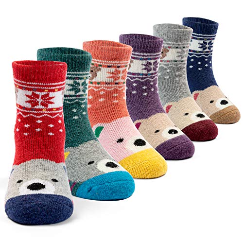 6 Paare Kinder Warme Socken Mädchen Wintersocken Dicke Thermosocken Cartoon Bär Kindersocken 27-30/5-7 Jahre von Aisyee