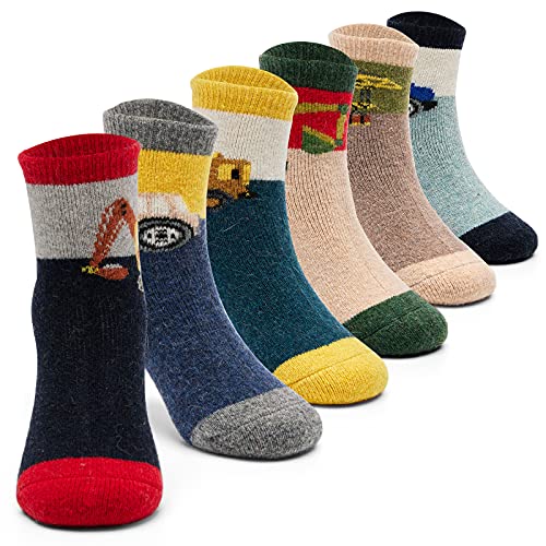 6 Paare Kinder Wollsocken Jungen Warme Wintersocken Dicke Crew Thermosocken Cartoon Baufahrzeug socken 29-31/8-10 Jahre von Aisyee