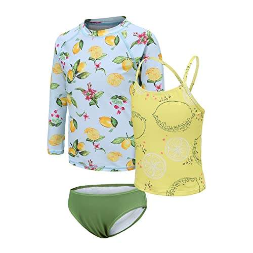 Mädchen-Badeanzug, 3-teiliges Rashguard-Set, Kinder-Mädchen-Badeanzug-Set, langärmelige Rash-Weste und Shorts, Tankini, Schwimmset für 5–16 Jahre, Blau-gelbe Zitrone, 13-14 Jahre von Aisyee