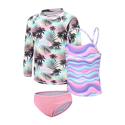 Mädchen Badeanzug 3 Stück Rash Guard Set Kinder Mädchen Badeanzug Set Langarm Rash Vest und Shorts Mädchen Tankini Schwimmset 5-16 Jahre, Neon Kokosbaum, 9-10 Jahre von Aisyee