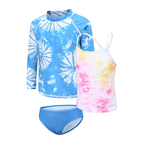 Mädchen Badeanzug 3-teilig Kinder Mädchen Badeanzug Set Hawaiian Rash Vest Mädchen Tankini 5-16 Jahre, Blau / Pink mit Batikfärbung., 9-10 Jahre von Aisyee