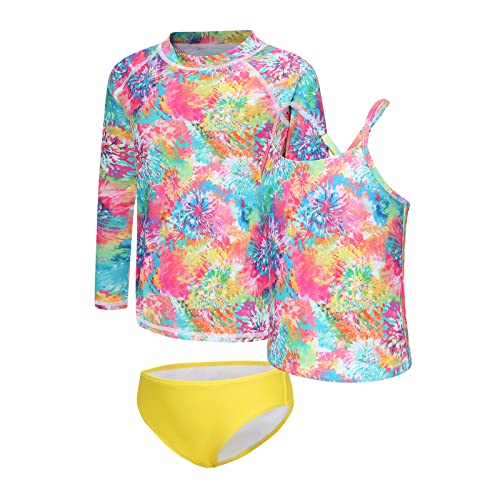 Mädchen Badeanzug 3-teilig Kinder Mädchen Badeanzug Set Hawaiian Rash Vest Mädchen Tankini 5-16 Jahre, Gelber Graffiti, 11-12 Jahre von Aisyee