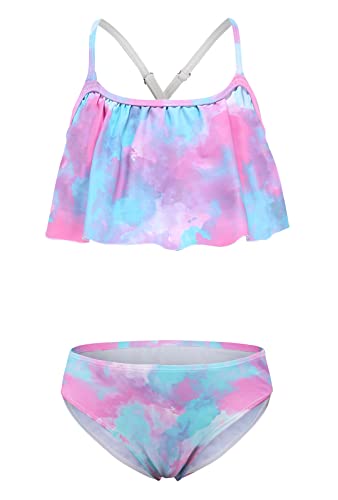 Mädchen Badeanzug Bikini Kinder zweiteiliger Badeanzug Mädchen Bademode, Rosa Blau Batik, 15-16 Jahre von Aisyee