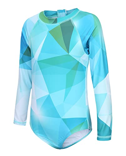 Mädchen Langarm Badeanzug Kinder Einteiler Strand Rash Vest Mädchen Badeanzug Alter 5-16 Jahre, Grüne Geometrie, 9-10 Jahre von Aisyee