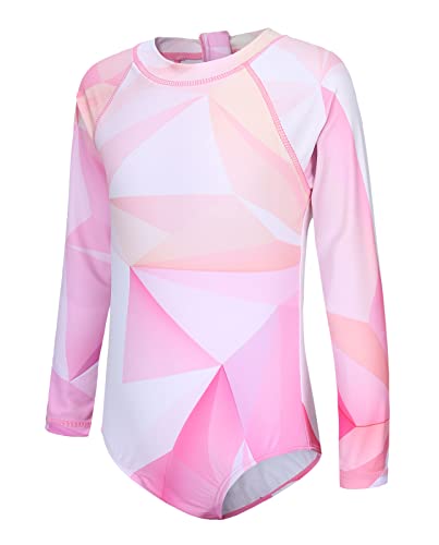 Mädchen Langarm Badeanzug Kinder Einteiler Strand Rash Vest Mädchen Badeanzug Alter 5-16 Jahre, Rosa Geometrie, 15-16 Jahre von Aisyee