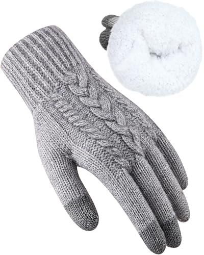 Warme Touchscreen-Handschuhe für Damen, Thermo-Handschuhe mit dickem Wollfleece-Innenfutter, Strickhandschuhe für kaltes Wetter, elastische Manschette, Hellgrau, Medium Warme Touchscreen-Handschuhe für Damen, Thermo-Handschuhe mit dickem Wollfleece-Innenfutter, Strickhandschuhe für kaltes Wetter, elastische Manschette, Hellgrau, Medium von Aiszei