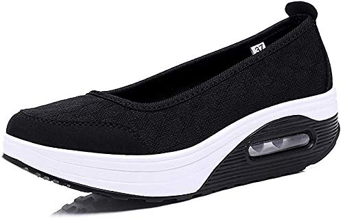 Aitaobao Damen Keilabsatz Laufschuhe Plateau Freizeitschuhe Shape-up Fitness Laufen Atmungsaktiv Mesh Sportschuhe, Schwarz, 35 EU(CN: 36) von Aitaobao