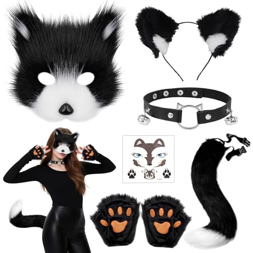 6 Stück Katze Fuchs Cosplay Set, Plüsch Kunstfell Fox Wolf Tail Kit mit Fuchs Maske Katzenohren Haarreif Schwanz Pfoten Handschuhe und Leder Halskette Halloween Karneval Party Cosplay Kostüm von Aitsite