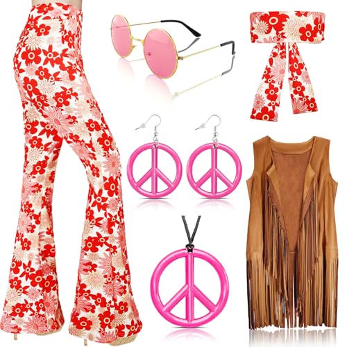 Aitsite 7-stück 60er/70er Hippie Kostüm Damen Set mit Boho Schlaghosen Fransenweste Stirnband Zubehör, 70er Jahre Outfit Damen für Halloween Karneval Disco Outfit Cosplay von Aitsite
