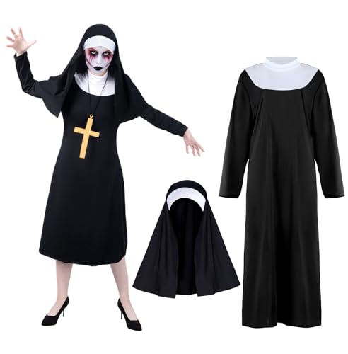 Aitsite Halloween Nonnen Kostüm für Damen, Gruselig Nonne Kloster Schwester Mittelalter Kostüm Damen mit Nonnenhaube und Kreuz für Erwachsene und Teenager, Nonnenkleid Geeignet für Halloween Karneval von Aitsite