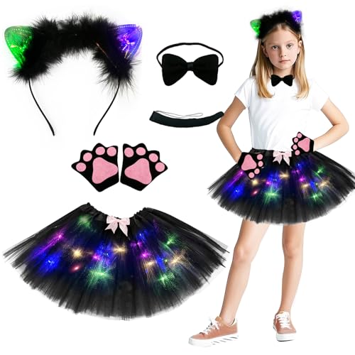 Aitsite Tierkostüm Kinder, Lichterkette Karneval, Tier Dschungel Kostüm, Mädchen Tüllrock Set, Mit Haarbänder Nase Schleifen Schwanz, Faschingskostüme Halloween von Aitsite