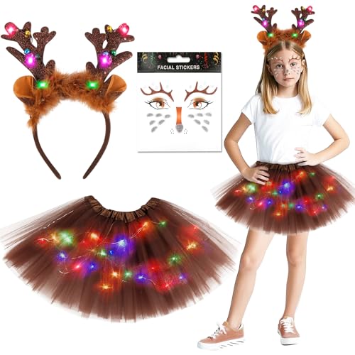 Aitsite Tierkostüm Kinder, Lichterkette Karneval, Tier Dschungel Kostüm, Mädchen Tüllrock Set, Mit Haarbänder Nase Schleifen Schwanz, Faschingskostüme Halloween von Aitsite