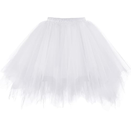 Tüllrock Damen Tütü Rock Karneval Kostüm, 50Er Ballett Unterrock Elastische Hohe Taille Ballettrock Petticoat Tanzkleidung, Kurz Retro Party Kostüme Tutu Rock Cosplay(Weiß) von Aitsite