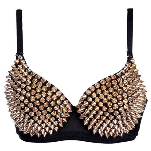 Aiuem Damen reizvolle Büstenhalter-Punk-Leistung Goldmetallische Nieten verzierte Strappy reizvolle BH (M, Gold) von Aiuem