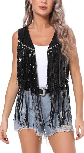 Aivtalk Damen Pailletten Weste mit Fransen Vorne Offene Glitzer Weste Quaste Glitzer Cardigan für Cowgirl Schwarz 1 M von Aivtalk