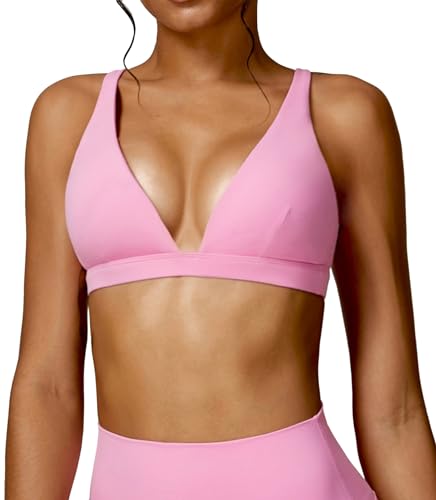 Aivtalk Damen Unterwäsche Rückenfrei Tiefer V-Ausschinitt Sport-BH Sport Bustier Sexy Gepolstert Bra für Yoga Fitnessstudio Rosa M von Aivtalk