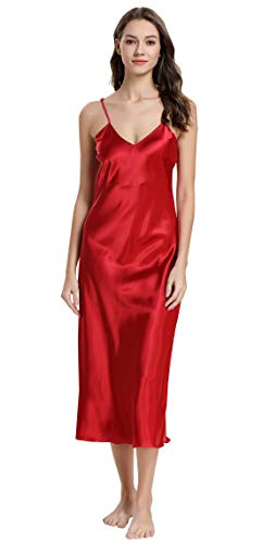 Aivtalk Nachtwäsche Negligee Rot Damen Nachtkleid Satin Damen Nachthemd Lang v Ausschnitt Sexy Negligee Satin Lang Frauen Spitze Sleepwear Sommer XXL von Aivtalk