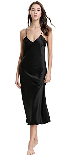 Aivtalk Negligee Damen Sexy Satin V Ausschnitt Nachtwäsche Nachtkleid Lang Frauen v Ausschnitt Sexy Nachthemd Satin Spitze Sommer Schwarz Sleepwear Damen L von Aivtalk