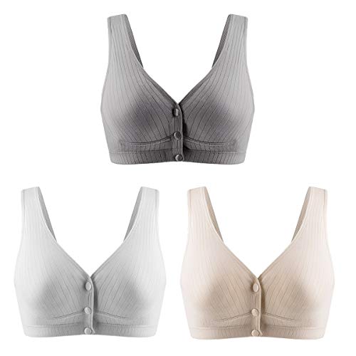 Aivtalk Still-BHs zum Stillen, Baumwolle, kabellos, Schwangerschafts-BH, nahtlos, mit Druckknopf, gepolsterte Bralettes, 3 Stück Grau + Dunkelgrau + Beige, Large von Aivtalk