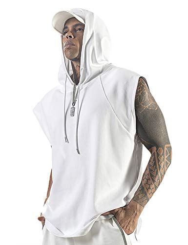 Aixdir Herren Workout Kapuzen-Tank-Top Bodybuilding Muskelausschnitt T-Shirt ärmellos Gym Hoodies - Weiß - Groß von Aixdir