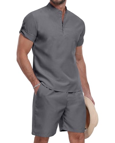 AIYINO Herren 2-teiliges Set Sommer Urlaub Outfits Knopf Kurzarm Henley Shirts und Casual Beach Shorts, dunkelgrau, XXL von Aiyino