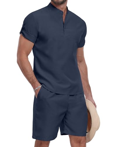 AIYINO Herren 2-teiliges Set Sommer Urlaub Outfits Knopf Kurzarm Henley Shirts und Casual Beach Shorts, navy, L von Aiyino