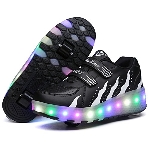 Aizeroth USB Aufladen 7 Farbwechsel LED Blinkend Schuhe Mit Doppelt Rollen Automatisch Räder Skateboardschuhe Outdoor Fitnessschuhe Gymnastik Laufschuhe Sneakers für Jungen Mädchen Dj028 schwarz 36EU von Aizeroth