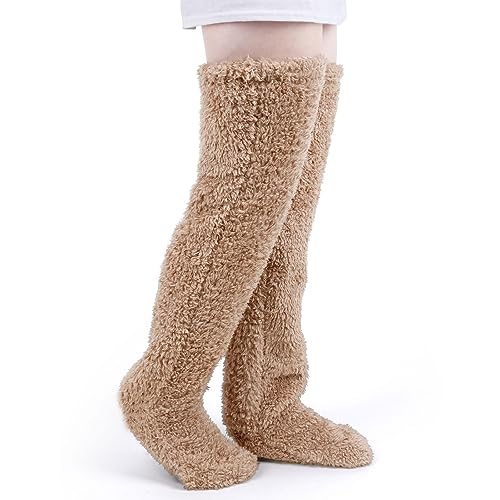 Aizhenqian Snuggle Paws Kniehohe gemütliche flauschige lange Röhrensocken Hausschuhe für Frauen niedliche flauschige Socken Hausschuhe, braun, Large von Aizhenqian