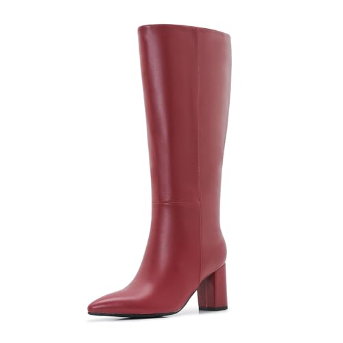 Aizhenzm Kniehohe Stiefel für Damen, breite Wade, Übergröße, seitlicher Reißverschluss, Leder, klobiger Absatz, spitzer Zehenbereich, hoch, Burgundy, 43 EU Weit von Aizhenzm