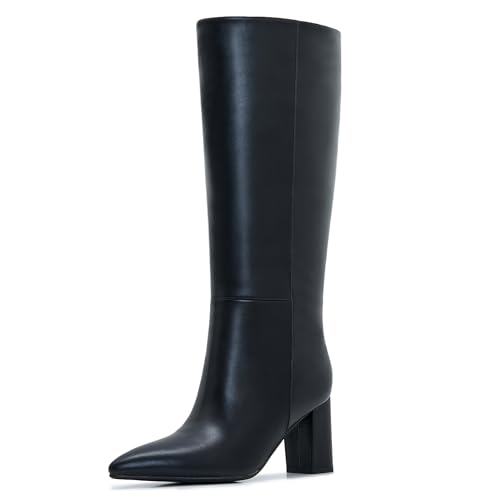 Aizhenzm Kniehohe Stiefel für Damen, breite Wade, Übergröße, seitlicher Reißverschluss, Leder, klobiger Absatz, spitzer Zehenbereich, hoch, Schwarz, 44.5 EU Weit von Aizhenzm