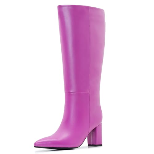 Aizhenzm Kniehohe Stiefel für Damen, breite Wade, Übergröße, seitlicher Reißverschluss, Leder, klobiger Absatz, spitzer Zehenbereich, hoch, Violett, 38.5 EU Weit von Aizhenzm