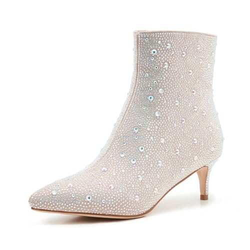 Aizhenzm Strass Booties Kitten Heel Sparkle Boots für Damen Pailletten Bedazzled, Hautfarben, 38 EU von Aizhenzm