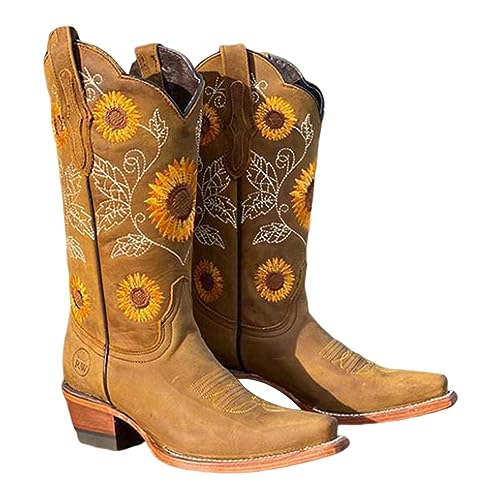 Aizuoni Cowboystiefel | Mit Blumen bestickte Damenstiefel,Equestrian Knight Hohe Stiefel mit eckigem Zehenbereich, Vintage-Reitgeschenke für Damen und Mädchen von Aizuoni