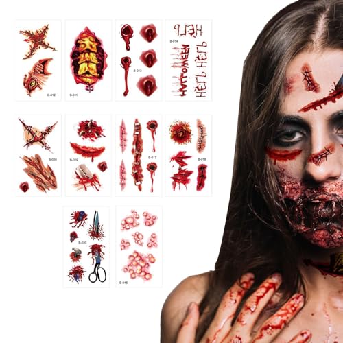 Aizuoni Temporärer Gesichtsaufkleber, Halloween-Make-up-Set, Kreativer lustiger Gesichts-Make-up-Aufkleber, 10 Stück lustige Halloween-Gesichtsaufkleber, Maskerade-Narbe-Horror-Gesichtsaufkleber, von Aizuoni