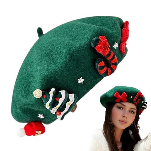 Baskenmützen Für Damen,Weihnachtsthema Französische Baskenmütze | Damen Baskenmütze Klassische Französischen Barett Einfarbig Warm Beret von Aizuoni