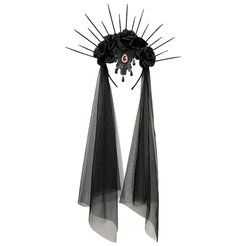 Floraler Kronenschleier,Gothic Schwarzer Hochzeitsschleier - Brautschleier, Haarschmuck für Bräute, Party, Cosplay, Halloween, Brautparty, Mädchen und Frauen, schwarzes Schleier-Stirnband Aizuoni von Aizuoni